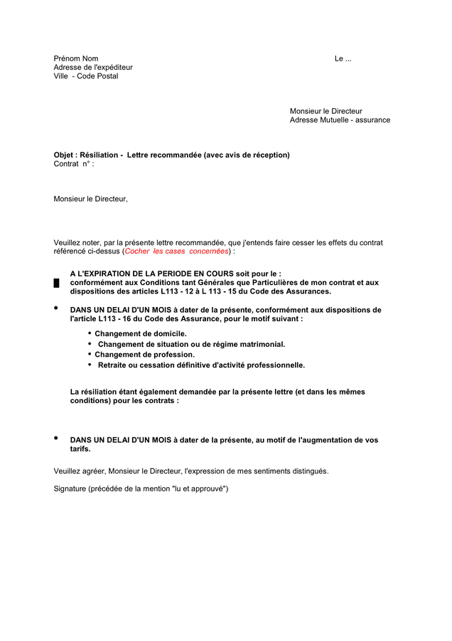 Lettre de résiliation de mutuelle santé  DOC, PDF  page 1 sur 1