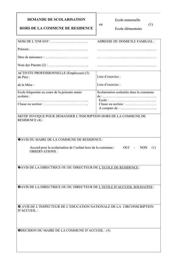 Modelé de demande de scolarisation DOC, PDF page 1 sur 3