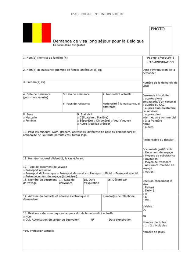 Formulaire de demande de visa long séjour pour la Belgique (Belgique