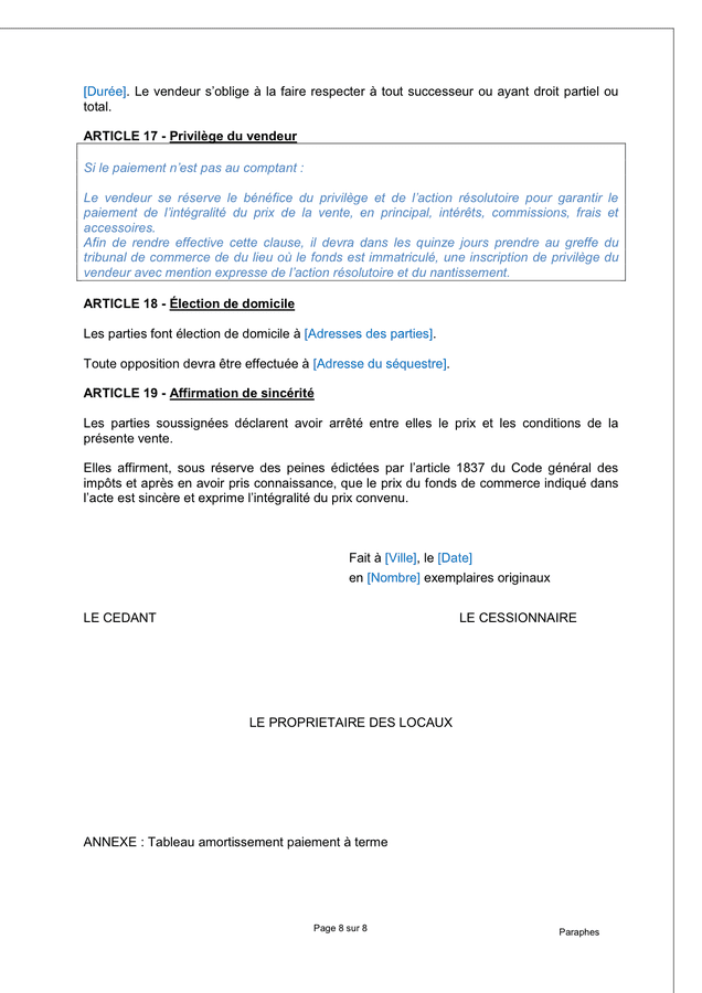 Model De Cession De Fonds De Commerce Doc Pdf Page Sur