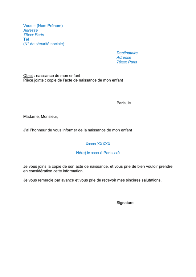 Exemple lettre declaration de naissance DOC, PDF page 1 sur 1